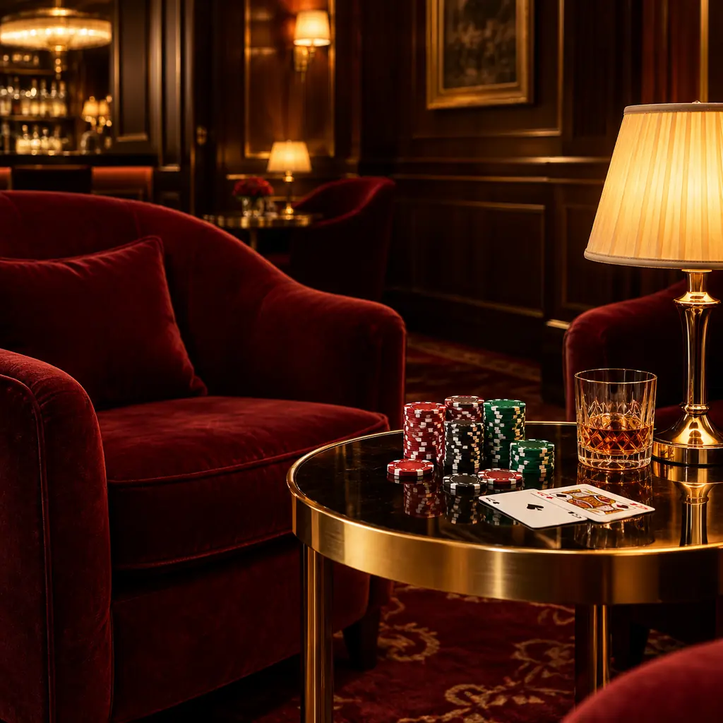 Lounge kasino privat dengan kursi beludru wine, chip, dan kartu di meja samping