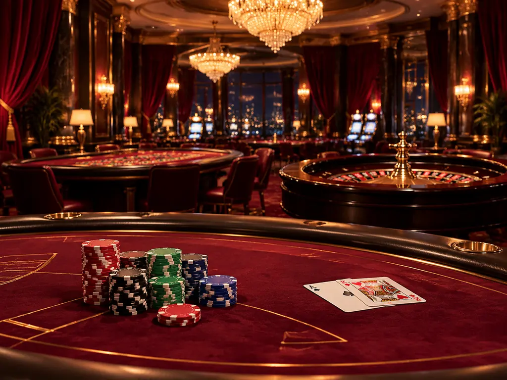 Aula kasino klasik dengan meja blackjack, chip, dan roda roulette dalam cahaya keemasan
