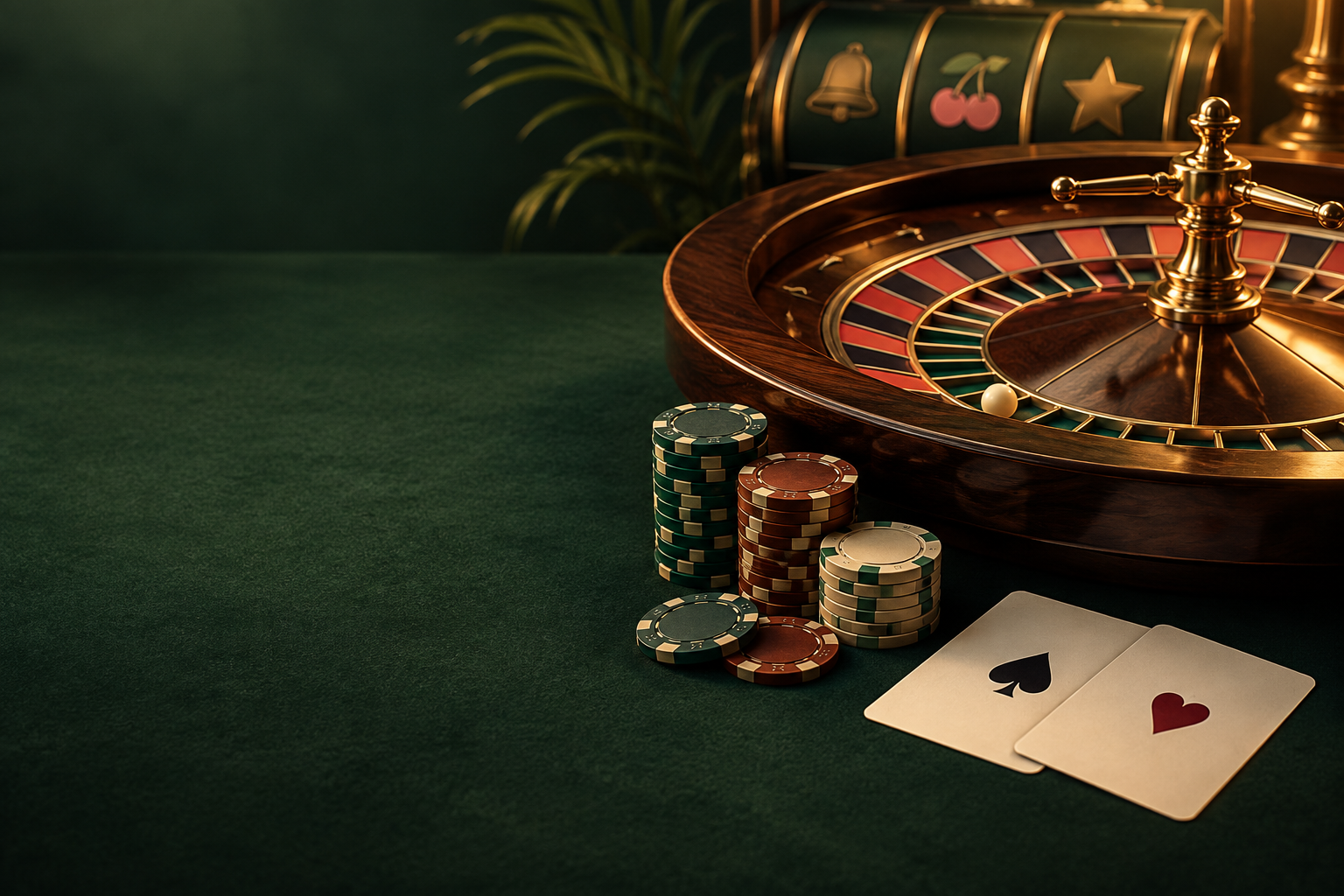 Ilustrasi meja roulette dengan keping dan kartu bernuansa tembaga